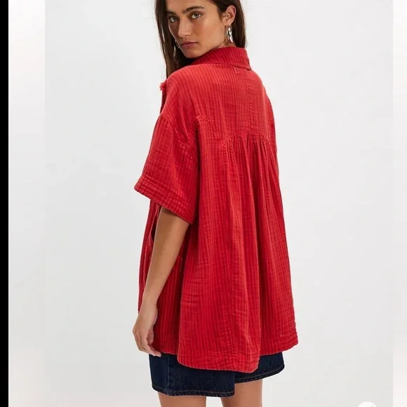 We The Free Kayla Double Cloth Red Shirt Size L - Picture 2 of 6